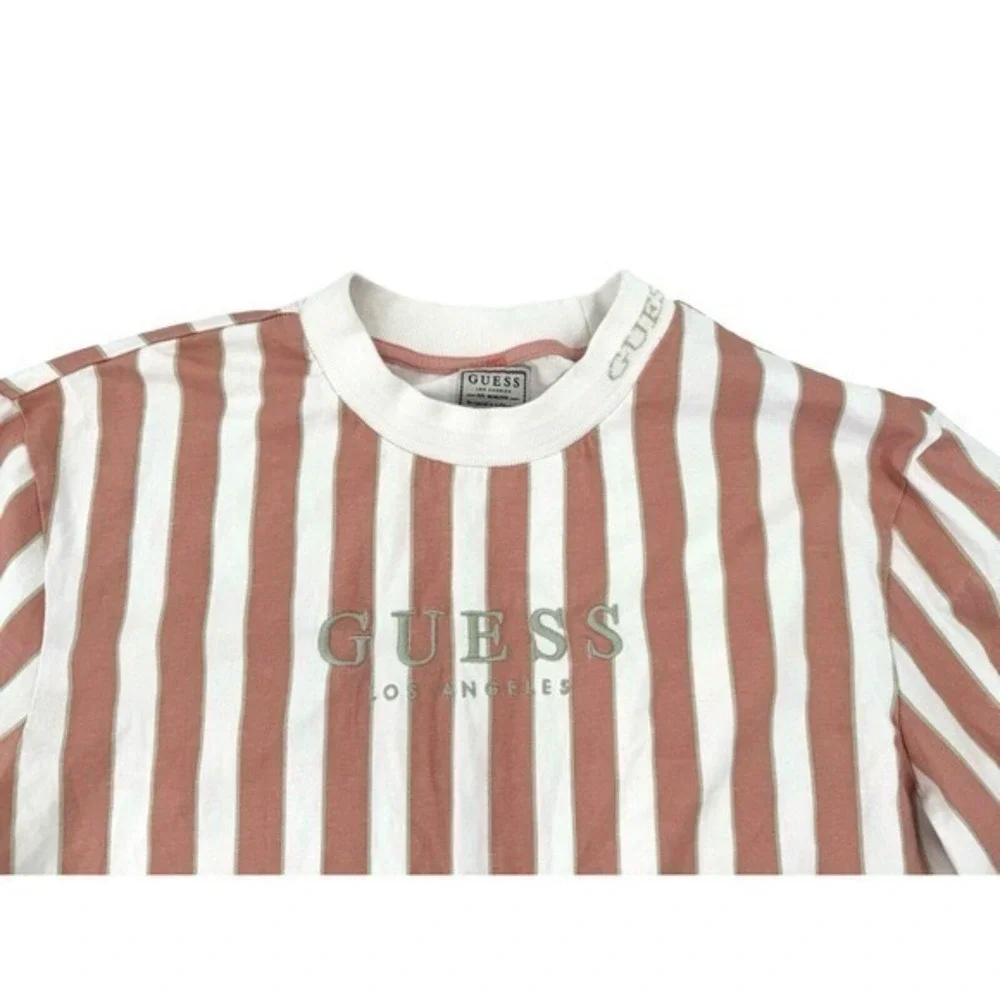 Guess‎ Pink Striped Long Sleeve Crew Neck Shirt Embroidered Guess Logo Women's M